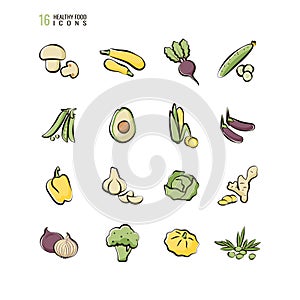 Set of healthy food icons in cartoon style. Natural products. Set of vegetables and mushrooms. Vector