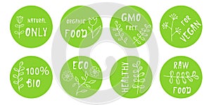 Set with healthy food icons,round labels.Logos for natural products,for vegetarian food. Packaging emblems .Organic bio nutrition