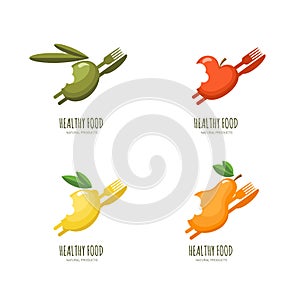 Set of healthy food logo, emblem, label design. Bitten fruits icons.