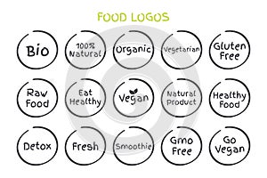 Set of Healthy Food logos. Vector Bio 100% Natural Organic Vegetarian Gluten Free Raw Food Eat Healthy Vegan Natural Product etc