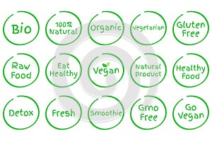 Set of Healthy Food vector symbols. Vegan, Bio, Organic, Fresh etc.