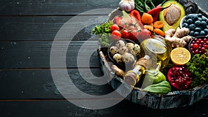 Set of healthy food in a wooden box: vegetables, fruits, fish, meat, nuts and herbs.