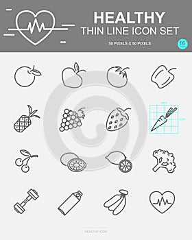 Set of HEALTHY fruit Vector Line Icons. Includes orange, pineapple, kiwi, carrot and more