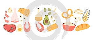 Set of healthy macronutrients. proteins, fats and carbs or carbohydrates presented by food products.