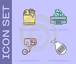 Set Healthy organic pear, Shopping bag and food, Security camera and Wooden box for fruits icon. Vector