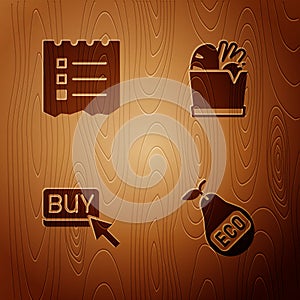 Set Healthy organic pear, Shopping list, Buy button and bag and food on wooden background. Vector