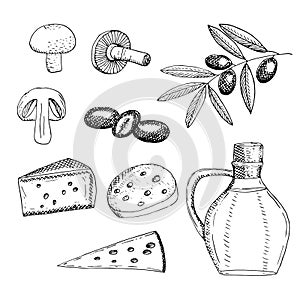 Set of healthy snacks, vector illustration, mushrooms, olives and cheese, hand drawing