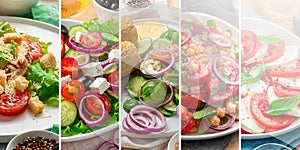 A set of healthy vegetable salads, collage.