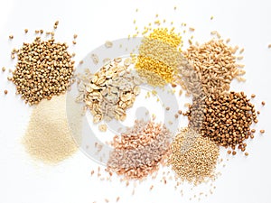 Set of heap various grains and cereals isolated photo