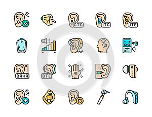 Set of Hearing Aid Color Icons. Ear Canal, Volume Control, Headphones and more.