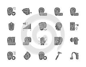 Set of Hearing Aid Gray Icons. Ear Canal, Volume Control, Hearing Loss and more.