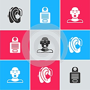 Set Hearing aid, Intercom and Head of deaf and dumb icon. Vector