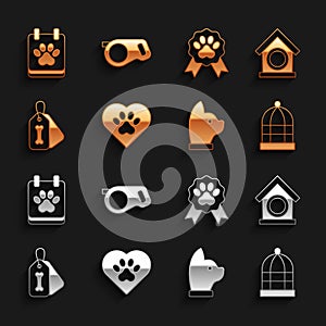 Set Heart with animals footprint, Dog house, Cage for birds, Cat, collar bone, Pet award symbol, Calendar grooming and