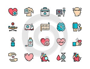 Set of Heart Attack Flat Color Icons. Cardiogram, Dizziness, Heartbeat and more.