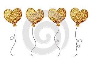 Set of heart balloons with golden glitter. Cute greeting templates for any occasion.