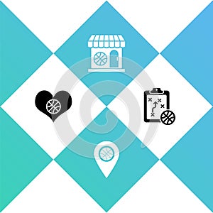 Set Heart with basketball ball, Location, Sports shop and and Planning strategy icon. Vector