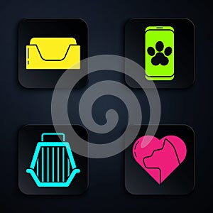 Set Heart with cat, Pet bed, Pet carry case and Online veterinary clinic symbol. Black square button. Vector