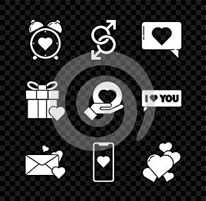 Set Heart in the center alarm clock, Male gender symbol, Like and heart, Envelope with, Mobile phone, Gift box and hand