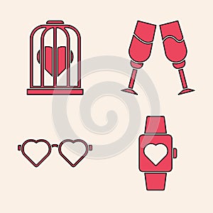 Impostato cuore polso orologio cuore uccello gabbia tazza un cuore a forma di occhiali icona 