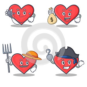 Set of heart character with doctor money bag farmer pirate