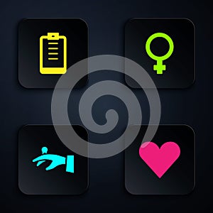 Set Heart, Clipboard with checklist, Wedding rings on hand and Female gender symbol. Black square button. Vector