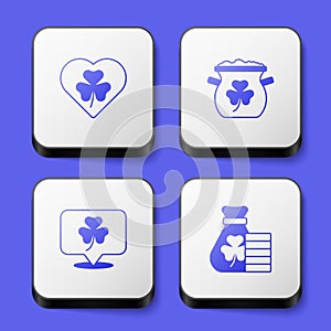 Set Heart with clover trefoil leaf, Pot of gold coins, Clover and Money bag icon. White square button. Vector