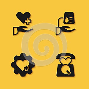 Set Heart with cross, Emergency call 911, and Blood donation icon with long shadow. Vector
