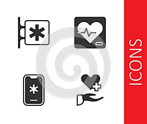 Set Heart with cross, Emergency - Star of Life, call 911 and rate icon. Vector