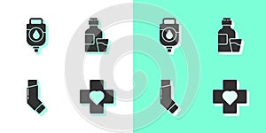 Set Heart with a cross, IV bag, Inhaler and Bottle of medicine syrup icon. Vector