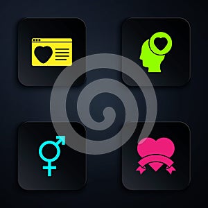 Set Heart, Dating app online, Gender and Head with heart. Black square button. Vector