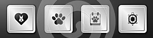 Set Heart with dog, Paw print, Calendar grooming and Turtle icon. Silver square button. Vector