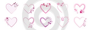 Set of heart frame decorated with pink watercolor flower bouquets