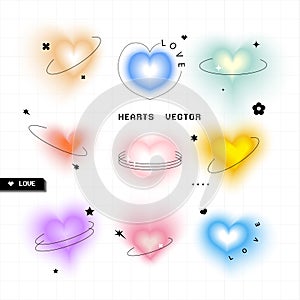 Set of Heart gradient blur decorated with line and sparkle. y2k style elements.