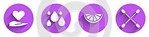 Set Heart on hand, Water drop, Citrus fruit and Cotton swab for ears icon with long shadow. Vector