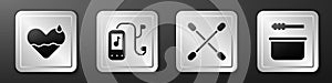 Set Heart heal, Music player, Cotton swab for ears and Sauna bucket and ladle icon. Silver square button. Vector