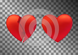 Set of heart icon. Broken and whole sign. UI game element. Symbol of love and Valentine s Day