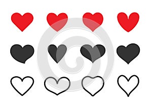 Set of heart icons isolated on white background. Collection of linear and solid heart shapes for web site, love logo and