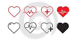 Set of heart icons. Red heartbeat line icons on white background. Pulse Rate Monitor. Vector