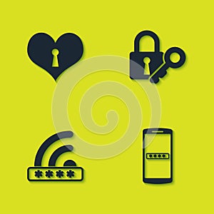 Set Heart with keyhole, Mobile and password, Wifi locked and Lock icon. Vector