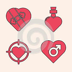 Set Heart with male gender, Candy in heart shaped box, Bottle with love potion and Heart in the center of darts target