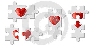 Set of heart puzzles represent Love on white background photo