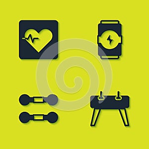 Set Heart rate, Pommel horse, Dumbbell and Energy drink icon. Vector