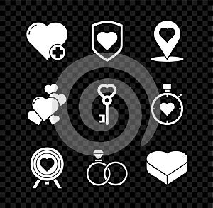 Set Heart, with shield, Map pointer heart, the center of darts target aim, Wedding rings, Candy shaped box, and Key icon