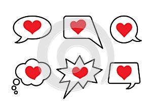 Set of heart symbols in speech bubbles. Communication, social media, like design elements. Love symbols.