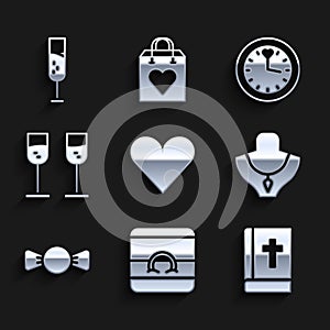 Set Heart, Wedding rings, Holy bible book, Necklace on mannequin, Bow tie, Glass of champagne, Clock and icon. Vector