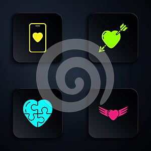 Set Heart with wings, Online dating app and chat, and Amour heart arrow. Black square button. Vector