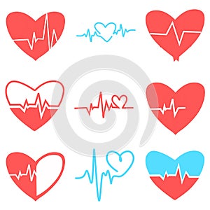 Set of heartbeat. Heart pulse. Red, blue, white colors. cardiogram. Beautiful healthcare, medical. Modern simple design. Icon, si