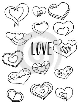 Set of hearts black and white stickers. Valentine`s day elements. Kids game coloring page.