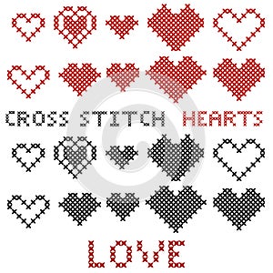 Set of hearts. Cross-stitch. Red and black silhouette.