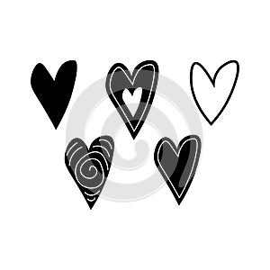 Set of hearts of different shapes in black and white color